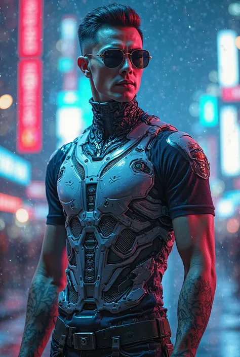 Help me to design a cool , cyberpunk, futuristic, high fashion, robotic T-shirt and front view