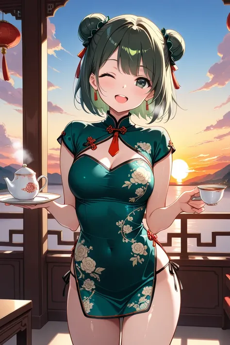 (masterpiece),(absurdres),(ultra detailed),(beautiful detailed),(mini china dress costume:0.9,Floral embroidery:1.2,casual fashion concept),(long shot,depth view),tie panties:0.9,smile,happy,sunset,(solo lady),(20-year-old),(shiny dark green hair),shortcut...