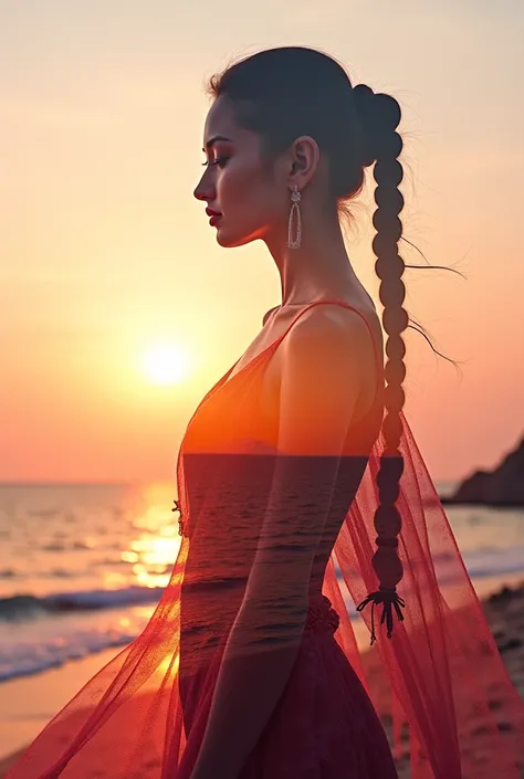 high quality, 8K Ultra HD, A beautiful double exposure that combines an goddess silhouette with sunset coast, sunset coast should serve as the underlying backdrop, with its details incorporated into the goddess , crisp lines, The background is monochrome, ...