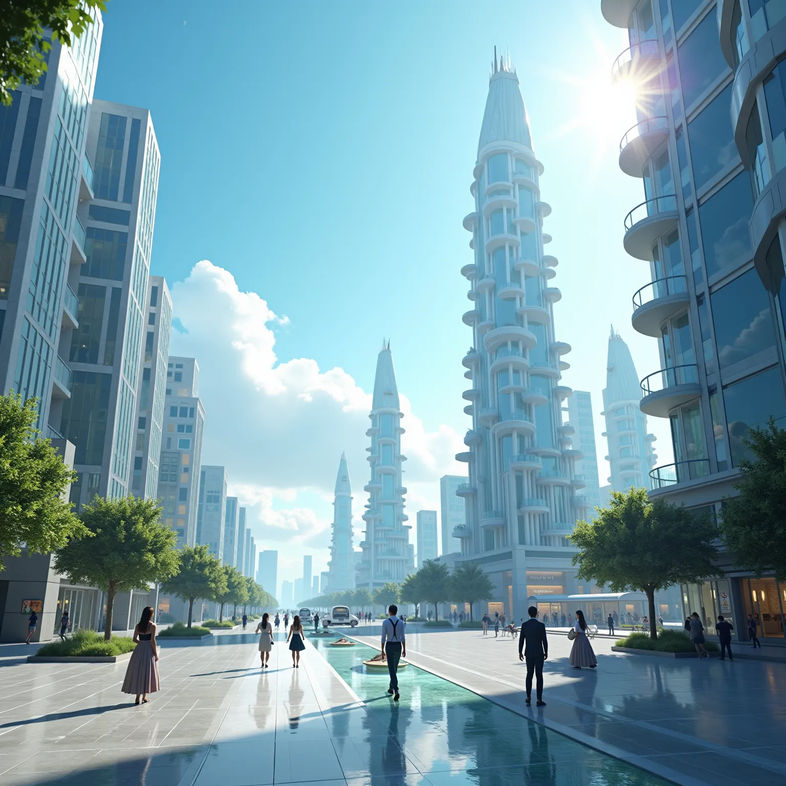 A utopian futuristic city, with glass and metal skyscrapers, organic architecture and silent electric vehicles. Clean, tree-lined streets, with glowing water fountains and hanging gardens. Clear blue sky with white clouds and radiant sun. People wearing el...