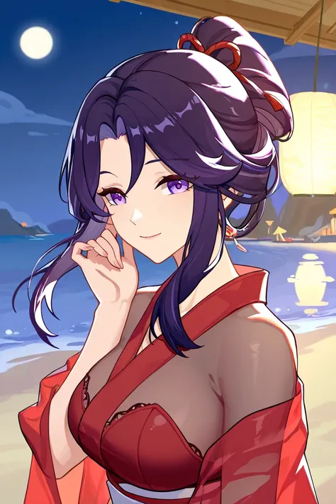 1 girl, Translucent fabric, beach, summer, smile on face, wife ,   smile on her face, 1 girl , purple eyes, kimono miko, red kimono,  kimono, night, moon🌙, genshin impact, xianyun , Adult woman, wife, Different hairstyles, Beautiful hairstyles, 