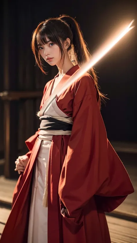 "Rurouni Kenshin",
 Moment of Excitement , ,
capture her fiery determination and fortitude,  she's furious , Kenshin&#39;々 Strongly conveys power ,  emphasizes the strength of the scene , womanは決意に満ちた姿勢,
action with Japanese long sword in hand,
long hair, ...