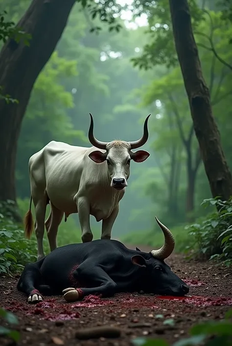 A black cow lies bloody on the ground in the forest and a Sinhalese white cow stands next to it.