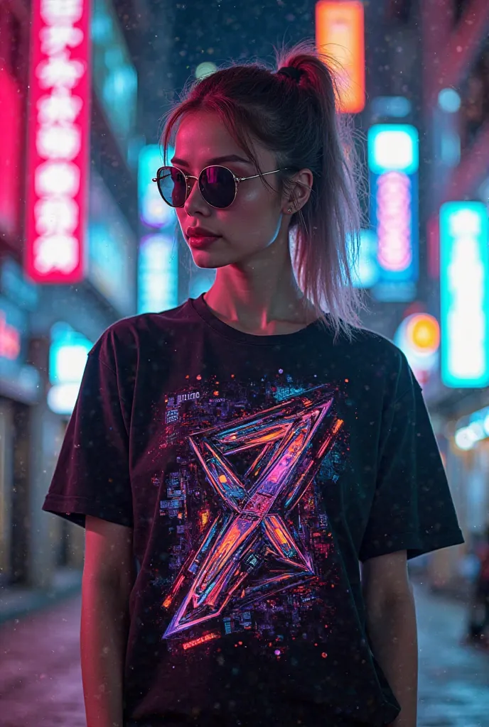 Help me to design a cool , cyberpunk, futuristic, high fashion, neon T-shirt and front view