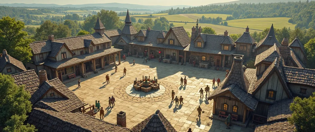 (photorealism:1.2), aerial view of a central city gathering plaza in a sprawling sparsely populated low-key farming town in the mildly forested hills, modern vikings that are not vikings live here happily, family environment with people that are physically...