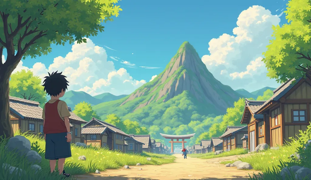 Koji in the Village "A bright morning in a small Japanese village, with Koji standing in the foreground, looking up towards a tall hill with a determined expression. The village behind him is filled with small wooden houses, trees, and a few villagers walk...