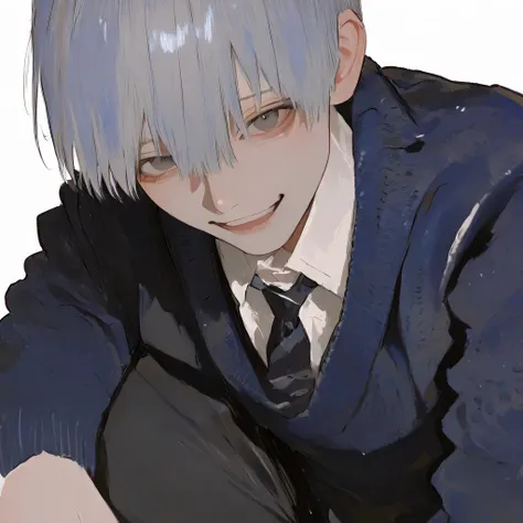  male，masterpiece, Best Quality, 748cm Style .  1 boy , white background,   from above, (suit:1.1), tie, :), (The sweater is stained with blood:1.1), v, white background,Happy，silver/grey/Blue Hair