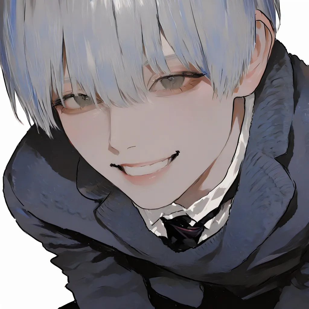  male，masterpiece, Best Quality, 748cm Style .  1 boy , white background,   from above, (suit:1.1), tie, :), (The sweater is stained with blood:1.1), v, white background,Happy，silver/grey/Blue Hair