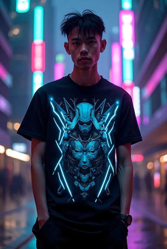 Help me to design a cool , cyberpunk, futuristic, high fashion, neon, robotic T-shirt and front view