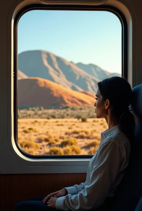 A woman sitting on a train looks at a hill that is colored like a milky elephant