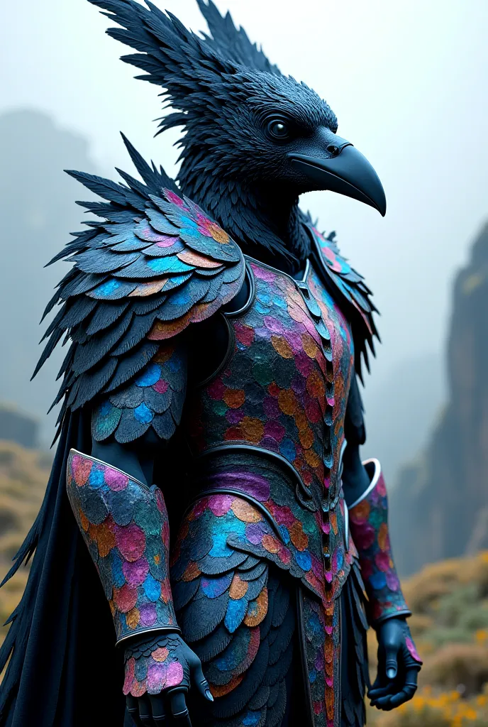 Creer un homme en armure multicolore. Il porte un masque de corbeau. Son armure et son masque sont remolie de plumes de corbeau