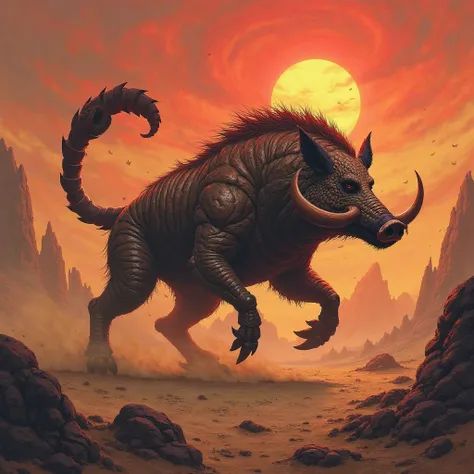 "Design a monstrous hybrid that combines the brute strength of a wild boar with the deadly precision of a scorpion. The creature should have the stocky, muscular body of a boar but with a tough, segmented exoskeleton running down its back. Its tail should ...