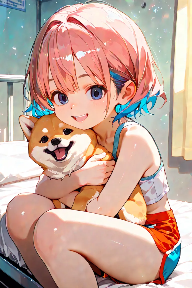 ((Highest quality)), (Perfectly detailed Shiba Inus),(Portrait of a beautiful girl hugging a Shiba Inu), perfectly detailed eyes, Perfectly detailed face,  super detailed nose, open mouth,  random colored shorts ,  perfect teeth,  bare shoulders,  charming...