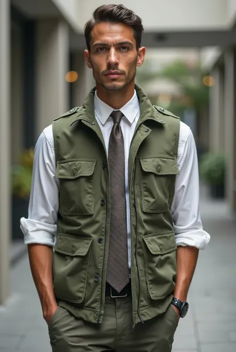 Green cargo vest with a smart shirt and tie