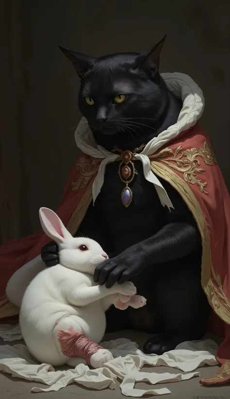 Nyx Binding the Wound**: black cat carefully wrapping white Rabbit injured leg with strips of cloth from his cloak, his expression focused and gentle.