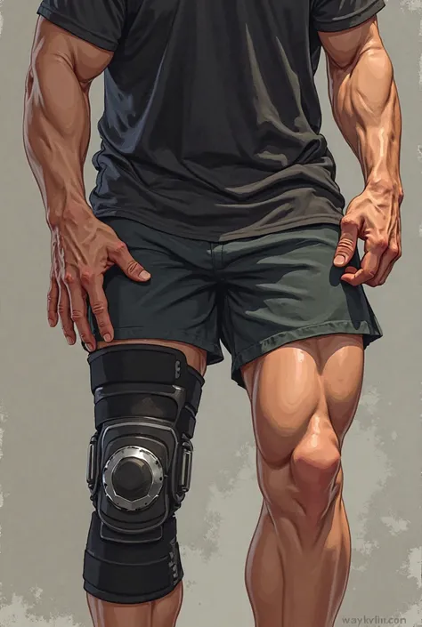 anime guy with a knee brace and a black shirt is doing a trick, a photorealistic painting by Shitao, pixiv, shin hanga, chun li at the gym, muscular thighs, chest legs, thighs!!!, thighs, thighs close up, thighs focus, muscular legs, thighs!!!!!!, detailed...