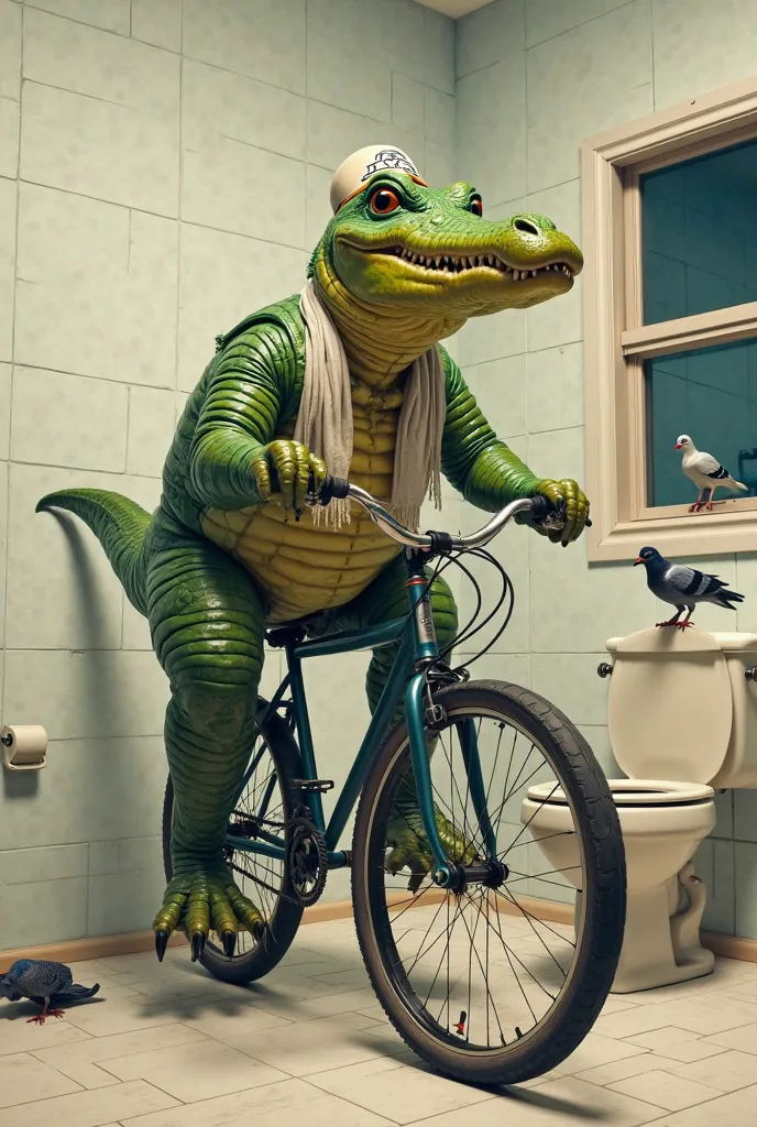 Jewish Crocodile qith giant feet riding a bike and a pigeon shitting on a toilet