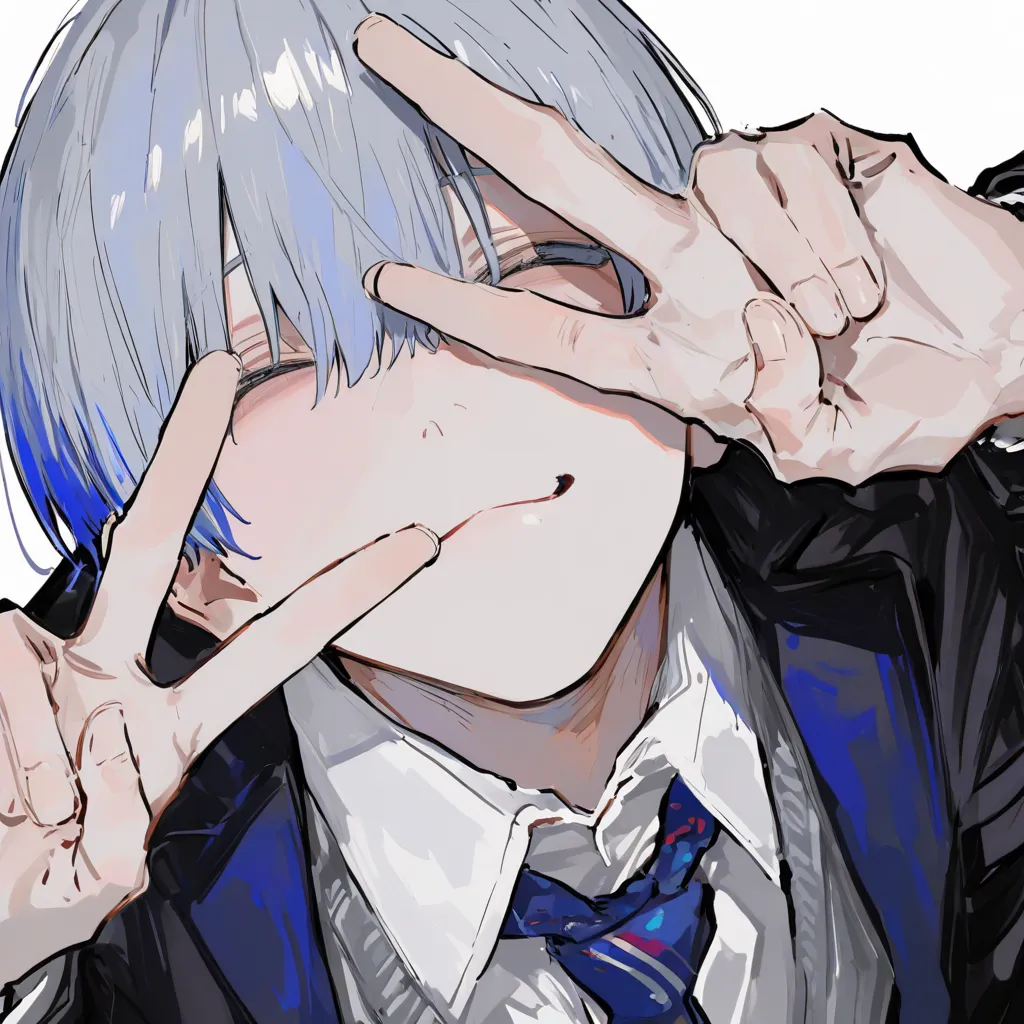  male，masterpiece, Best Quality, 748cm Style .  1 boy , white background,   from above, (suit:1.1), tie, :), (The sweater is stained with blood:1.1), v, white background,Happy，silver/grey/Blue Hair Men