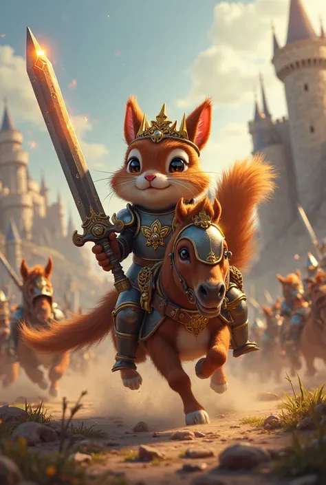 Create an image of a squirrel as a knight with a burning sword and a crown on a horse attacking a castle in front of an army