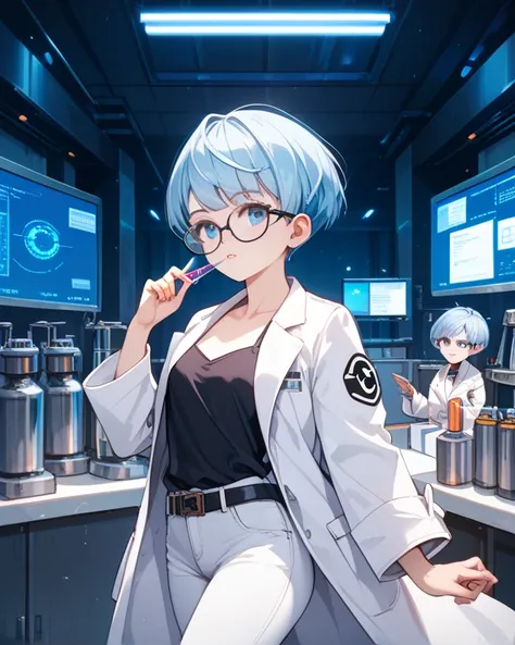 best quality,,1 young woman,18 years old,standard body,Short stature,(light blue hair:1.2),Short Hair,pixie cut,big eyes,cool,small breasts,science club lab coat,,(White coat:1.2),lab coat,(white pants:1.2),jeans,Black-rimmed glasses,black belt,,
