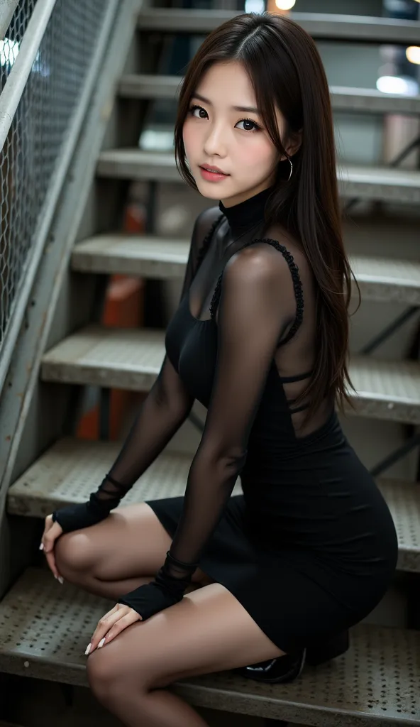 A23-year-old Japanese woman with a well-groomed face and large eyes that are characteristic and very beautiful

masterpiece best quality, photorealistic portrait taken on a stairway—possibly indoors or outdoors at night—with industrial or modern design ele...