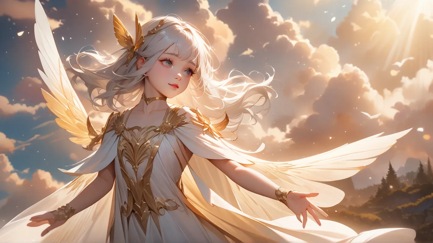 A girl with long white hair is flying in the sky with wings.