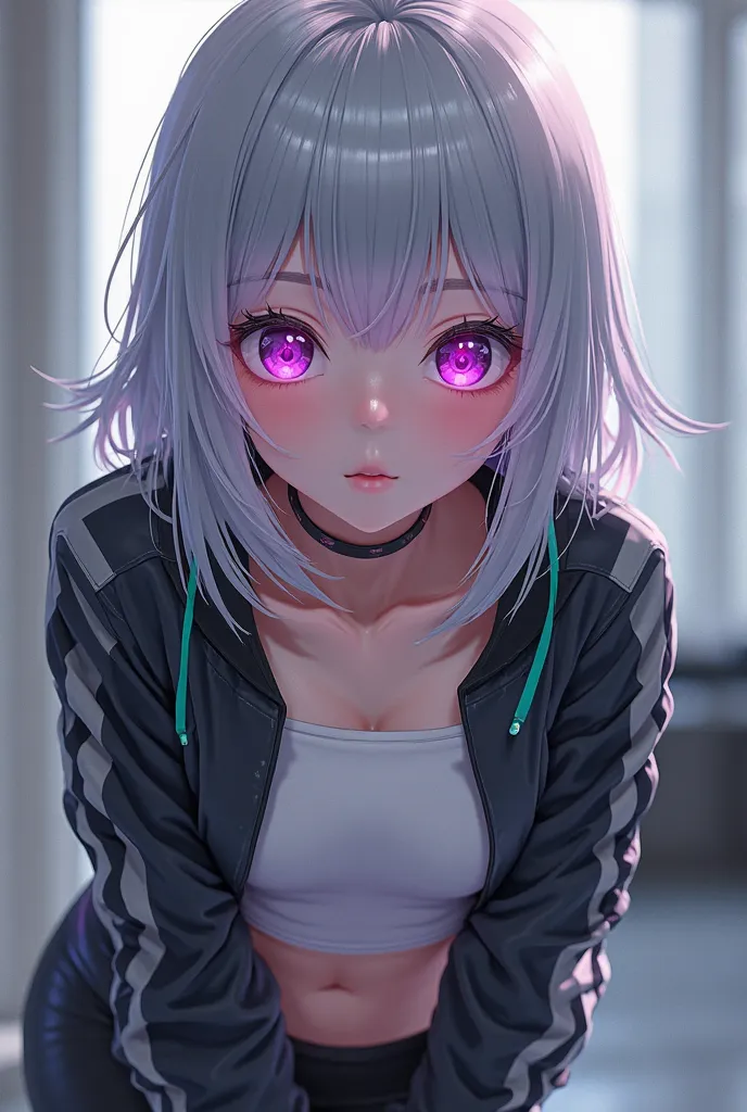 A hyper-realistic anime-style girl with silver hair, straight bangs, and glowing purple eyes. 
She wears a black sporty jacket with white and green accents, a white crop top, and black leggings. 
Her pose is slightly leaning forward, her expression is soft...