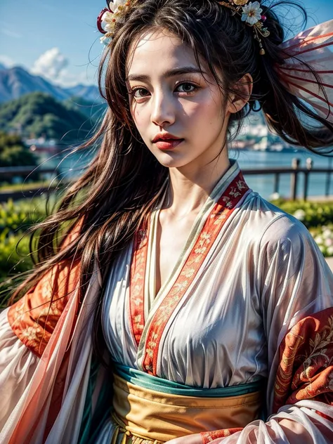 blue sky and white clouds，  mountains in the distance  ，Pink flowers at，Cherry tree，Woman wearing Hanfu costume,Phoenix Crown、Meticulous embroidery、 Wear Hanfu stockings 、Wearing a sleeveless Hanfu outfit、 Clear underwear clearly visible 、 See panties and ...