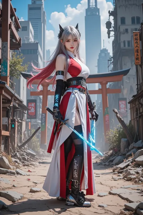 A breathtakingly beautiful shrine maiden warrior stands alone in a vast wasteland, the ruins of a once-great cyberpunk city crumbling behind her. She embodies the fusion of a sacred miko, a stealthy ninja, and an advanced cybernetic warrior. Her long, uniq...