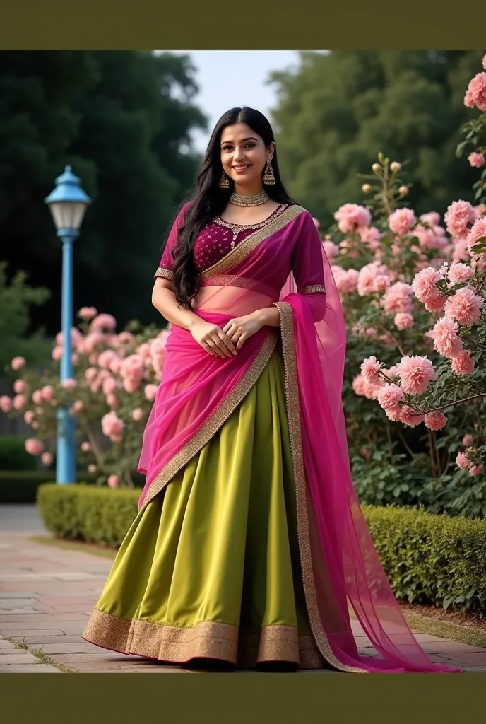 The image features a woman in a traditional Indian lehenga, standing gracefully in a garden. She wears a deep pink blouse with gold embroidery, a vibrant green pleated lehenga with a pink-gold border, and a matching pink dupatta draped elegantly. Her long,...