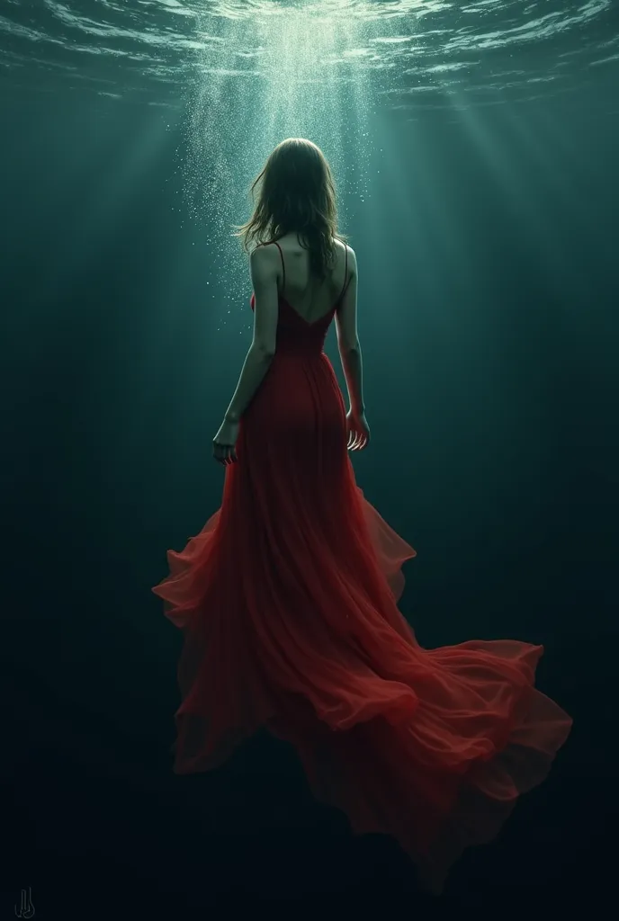 Create realistic photo for book cover. ager girl drowning in water. Dark. No face. Full body. shadow. Ocean. Fantasy. Girl with red dress