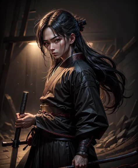 1 boy, solo, long hair, Japanese clothing, black clothing, samurai, wearing hakama, holding weapon, charming illustration portrait, digital art styledigital art, intricate details, 8K, photo-realistic, professional, masterpiece, ultra-detailed, studio ligh...