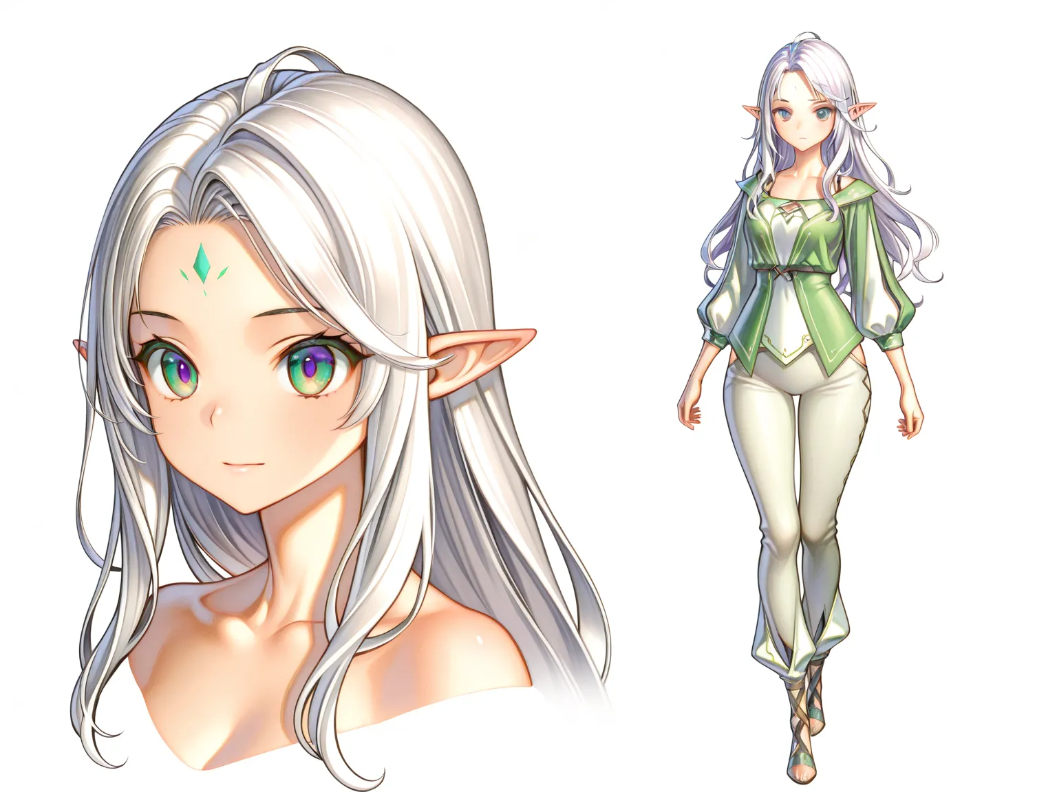 [(white background:1.5)::5], 1 girl, daring,  full body, girl, elf, white hair, long hair, purple eyes, green eyes, ((gradient eyes)),  medium forehead, background, scenery, ((portrait))  ((adult body)) character page, reference, from different sides,, pan...