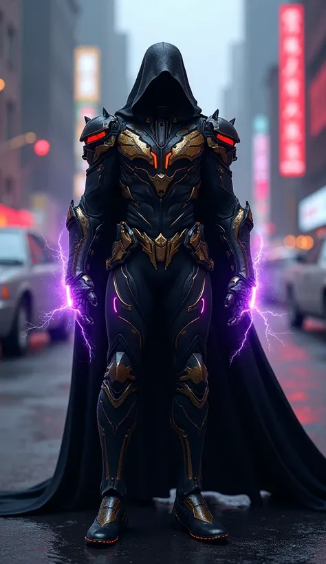 "A mysterious figure known as the Shadow Master, standing in a futuristic cyberpunk cityscape. Clad in a sleek, dark armored suit with intricate gold and red glowing accents, the figure’s face is completely hidden beneath a deep hood. Their presence radiat...