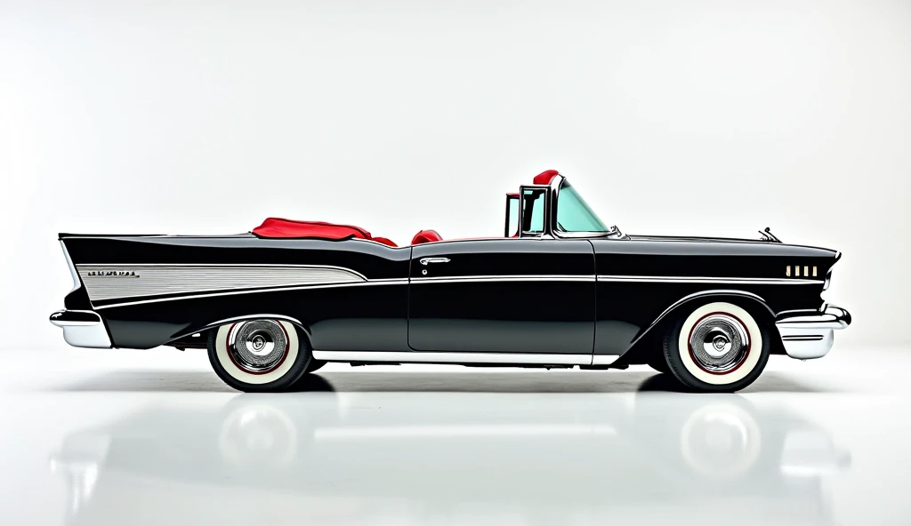 Right Side View Prompt:

"A high-quality digital image of a classic 1957 Chevrolet Bel Air, captured from a full right-side view. The car is painted in deep, glossy black with highly polished chrome trim that shines under bright showroom lighting. The slee...