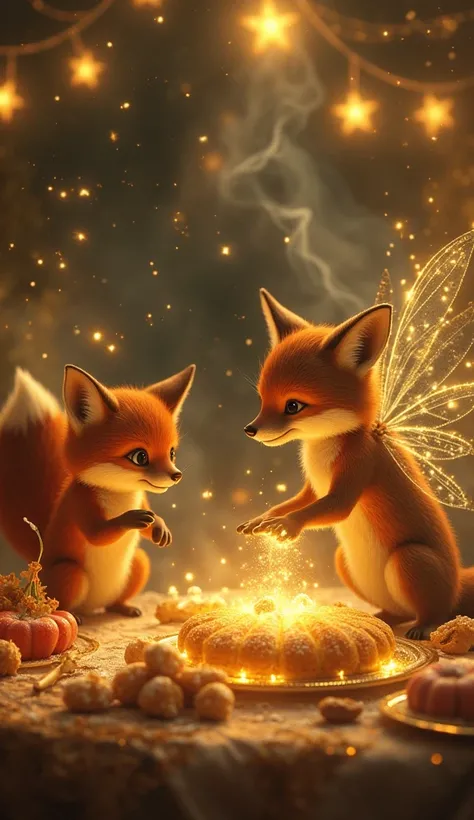 “A tiny fairy and a little fox finish their meal, smiling warmly as they whisper, ‘Thank you for the meal.’ At that very moment, the food on the table begins to glow softly, transforming into shimmering magical particles that gently float up into the air. ...