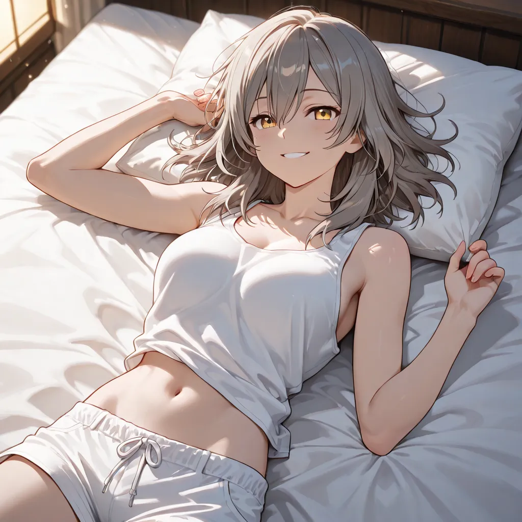 Stelle Trailblazee, long ashy haired girl, Her eyes are gold., expression of her sweet smile. 

Her outfit is a white tanktop and white color shorts. 

she was lying on the mattress. 