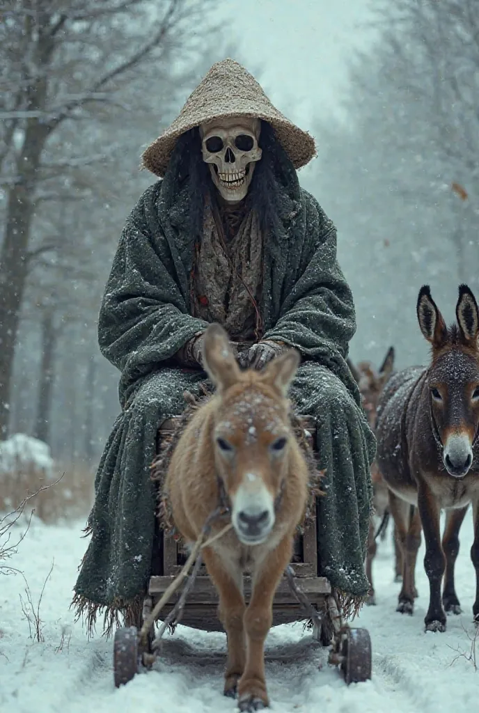 Sledge should be big in which the horrific fantasy skeleton wearing Robe with jute hat on his head, he is caring horrifying souls and the horrorific skeleton sitting on the front seat of the sledge which is being pulled by horror  four donkeys 