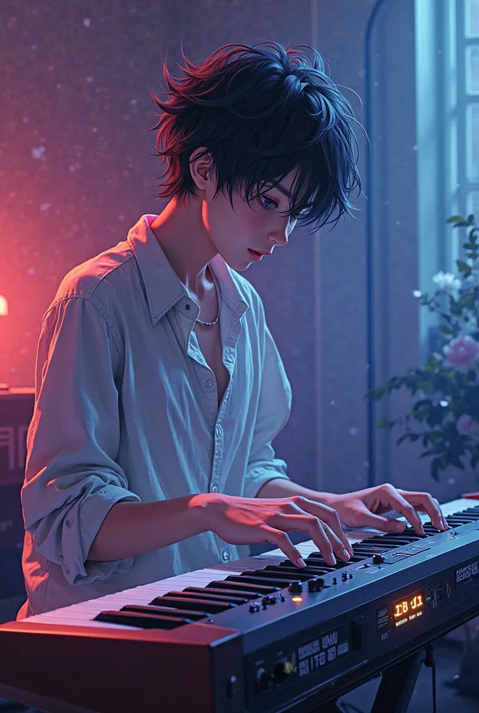 Person playing an electric keyboard piano, front view, anime art style, full body, high school student, boy, 