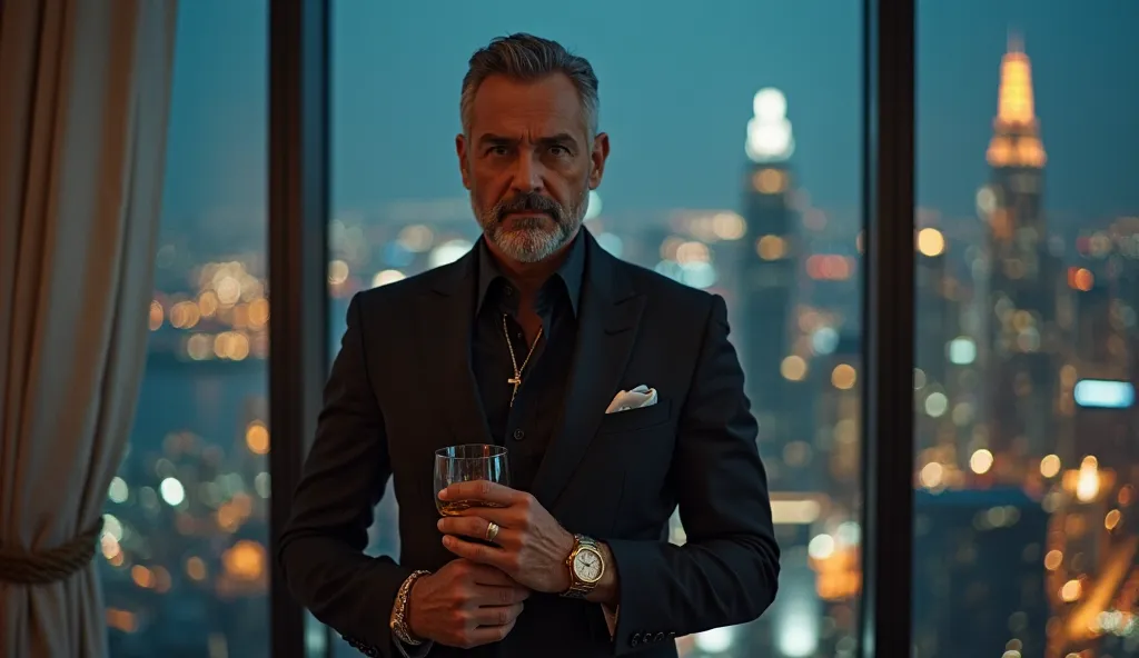 A sophisticated billionaire standing in front of a floor-to-ceiling window overlooking a futuristic city skyline at night. He is wearing a perfectly tailored black suit, a gold watch on his wrist, and holding a glass of whiskey in one hand. His expression ...