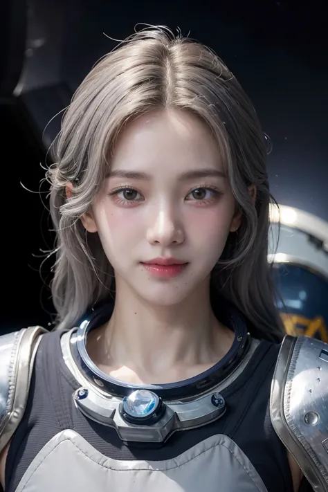 Best Quality, Ultra High Resolution, (Realism: 1.4), Depth of Field, Beautiful Face, (PureErosFace_V1: 0.8), Halfbody, | | 1girl, medium chest, (gray hair: 1.3), innocent smile, natural makeup, | | | Model pose, | | (Spacesuit: 1.3), (Blue Armor: 1.3), Exq...