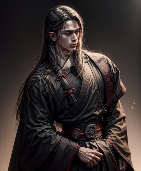 1 boy, solo, long hair, Japanese clothing, black clothing, samurai, wearing hakama, holding weapon, charming illustration portrait, digital art styledigital art, intricate details, 8K, photo-realistic, professional, masterpiece, ultra-detailed, studio ligh...