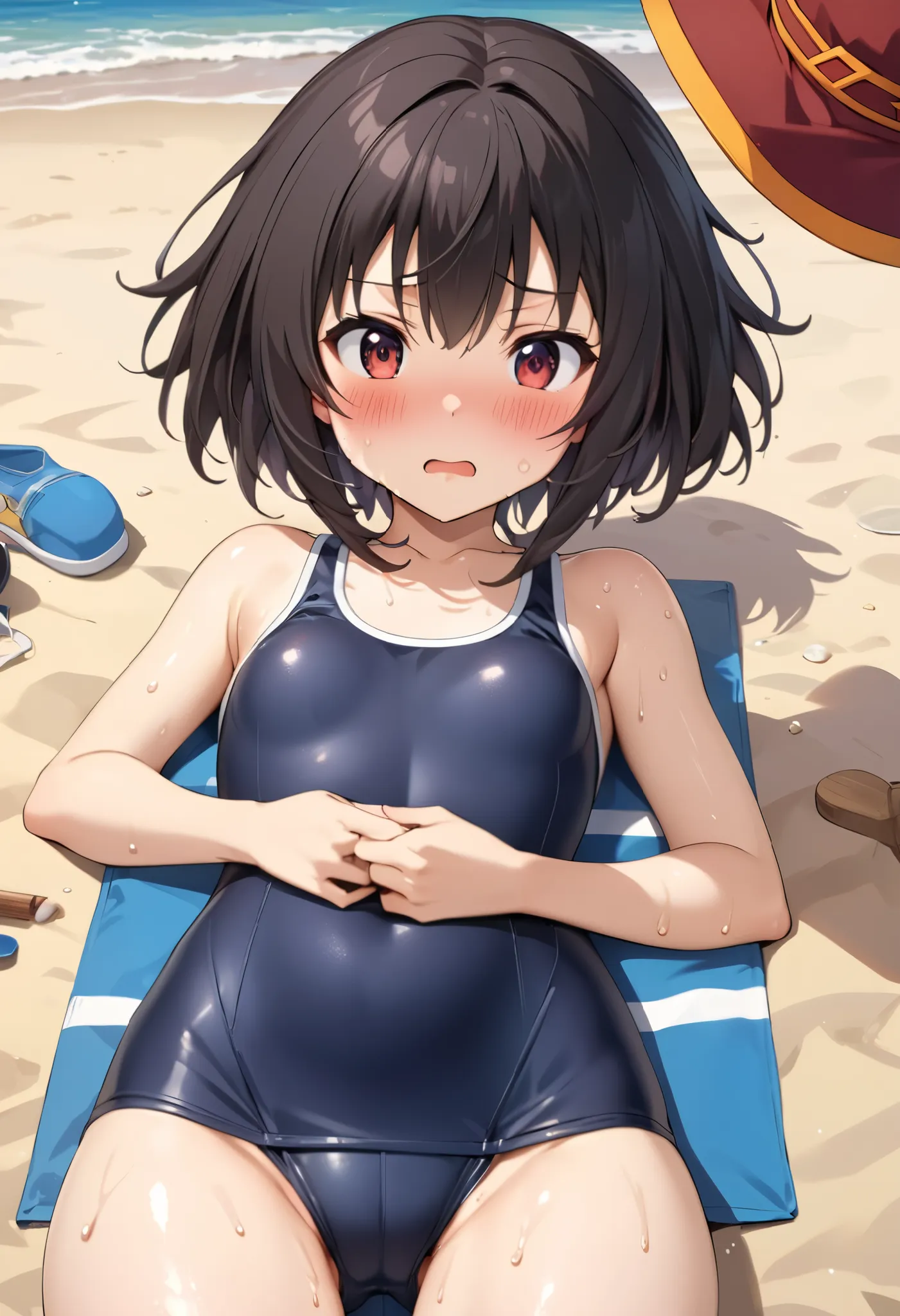 masterpiece, Best Quality, High resolution,16k,official art,super detailed skin,detailed,animated painting,,(Megumin),(konosuba), 1990s\(style\),(Small beautiful breasts of B cup),School Swimsuit,Sweating all over the body,blush、Shy、look up、(Anime-style pa...