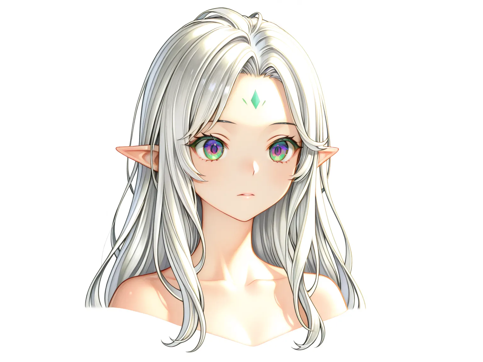 [(white background:1.5)::5], 1 girl, daring,  full body, girl, elf, white hair, long hair, purple eyes, green eyes, ((gradient eyes)),  medium forehead, background, scenery, ((portrait))  ((adult body)) character page, reference, from different sides,, pan...