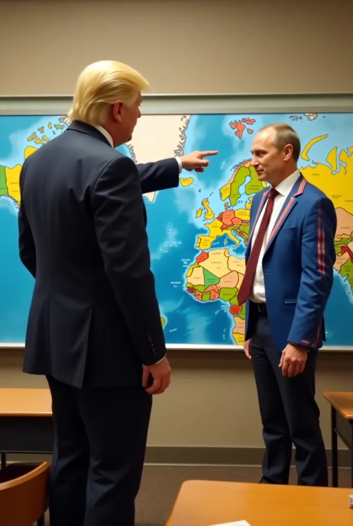 Imagine a classroom, in which Donald Trump, dressed as a geography teacher, stands in front of the board with a big smug gesture, pointing to some completely wrong place on the map. Next to him Vladimir Putin, in a tracksuit, casually juggling an inflatabl...