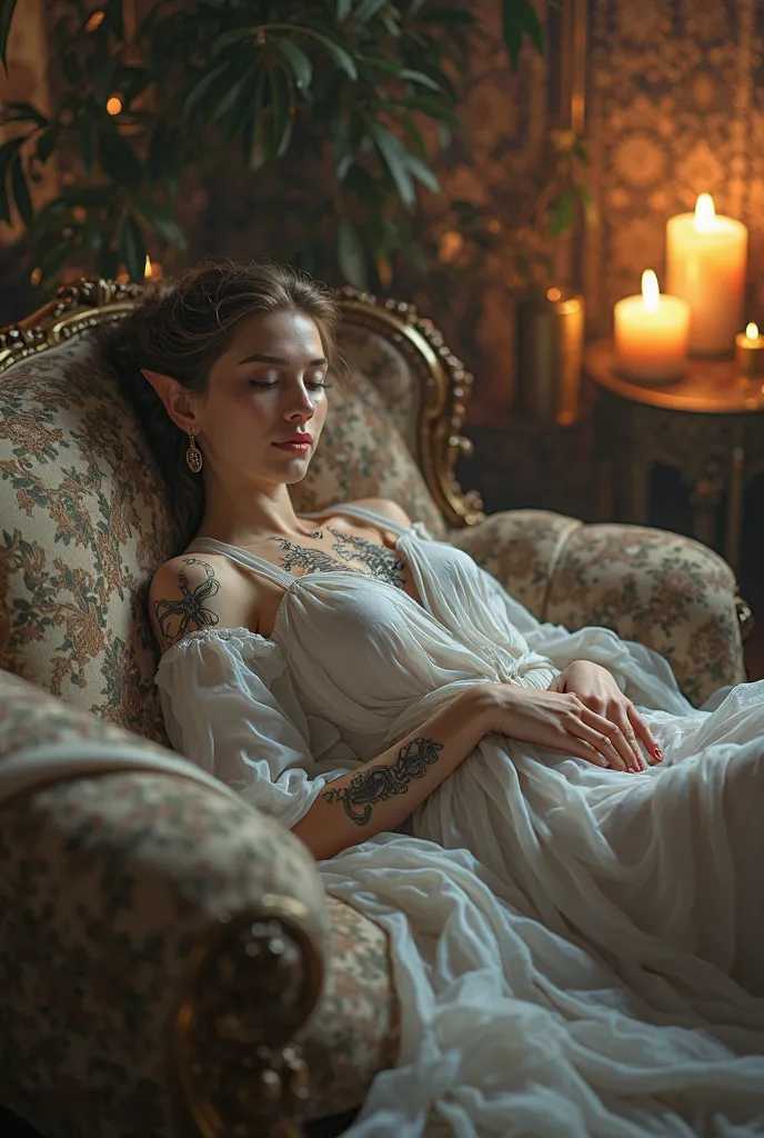  elf girl in a transparent robe sits at home on the couch at night in a tattoo