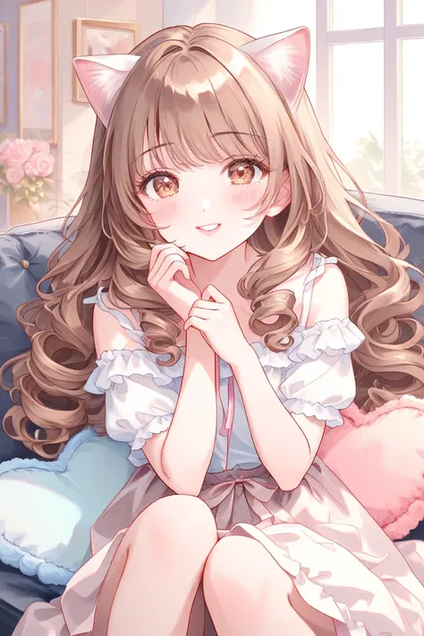 Girls in love、pastel colors、 white、watercolor、Fluffy feeling 、1 girl、cute face、 cute、Half Body、Cat ears、🥂、sit on the sofa、heart cushion、Bronze Hair、long curly hair、 brown eyes 、droopy eyes、eyelash、 white blouse、skirt、smile、pink cheeks、small lips、pink lips、...