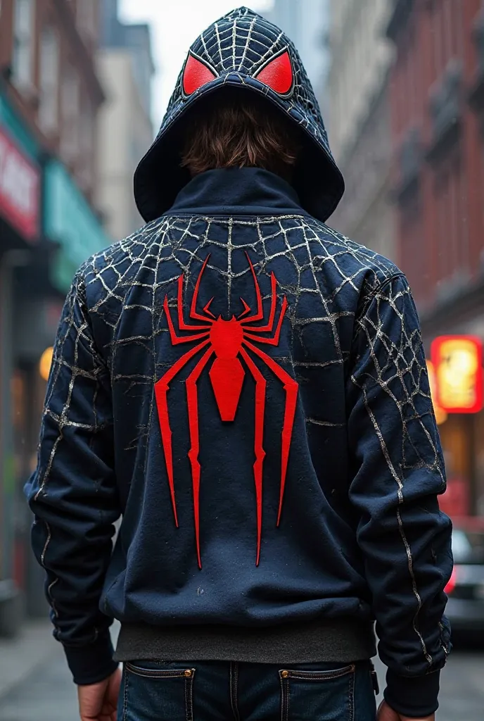 I need a hooded sweater that wears the PS4 Spiderman loom on the back, Spiderman eyes in a hat and subtle cobwebs design on certain parts of the sweater. 