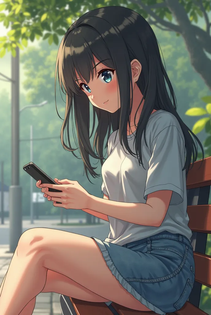 araffed asian woman sitting on a bench looking down at her cell phone, Yoshitomo Nara, Chiho,  monster,  sakimichan,  sakimichan hdri, shiori teshirogi, young pretty gravure idol, 4 k ], 4K], various pose,  shikamimi