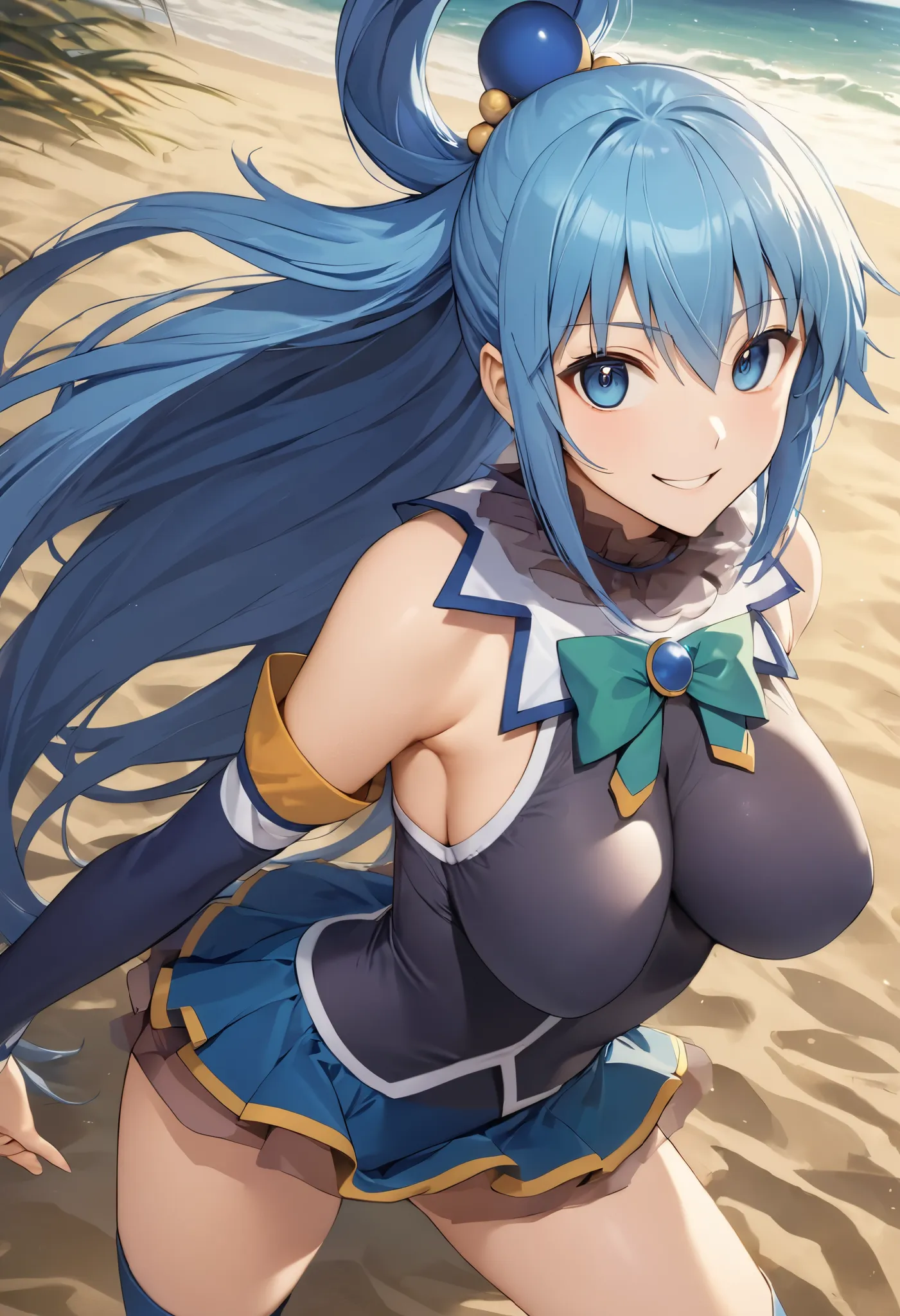 masterpiece, Best Quality, High resolution,16k,official art,super detailed skin,detailed,animated painting, Aqua ,KonoSuba,1990s \(style\),(C cup beautiful breasts)、25years old, (tall:1.2),height: 160cm,comic eyes,blue hair,pony tail,long hair,blue eyes, S...